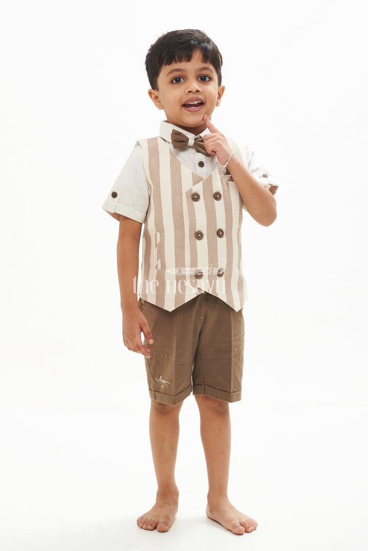 The Nesavu Boys Casual Set Boys' Linen Cotton Waistcoat Shorts Set - Brown Striped Nesavu 14 (6M) / Brown BCS075A-14