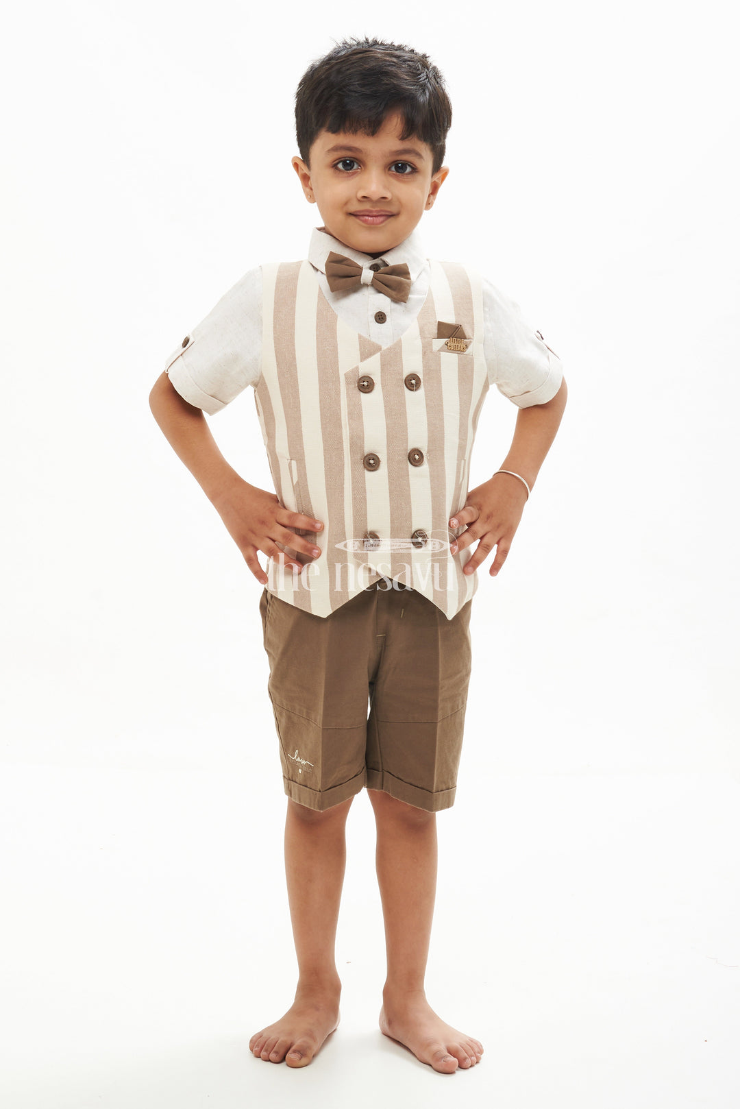 The Nesavu Boys Casual Set Boys' Linen Cotton Waistcoat Shorts Set - Brown Striped Nesavu