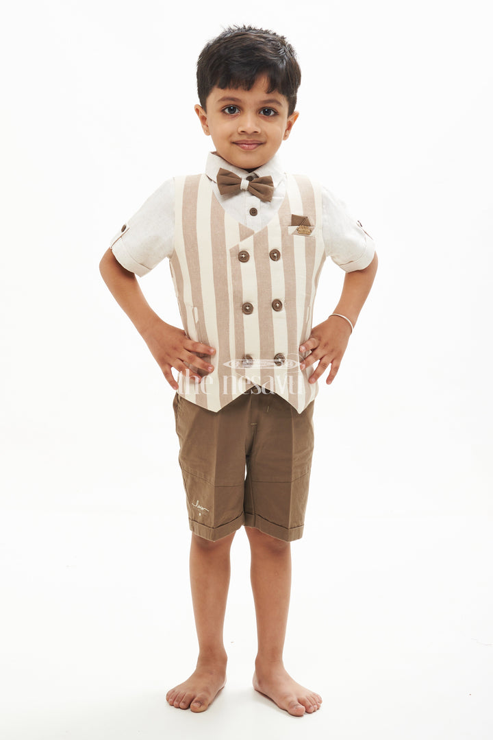 The Nesavu Boys Casual Set Boys' Linen Cotton Waistcoat Shorts Set - Brown Striped Nesavu