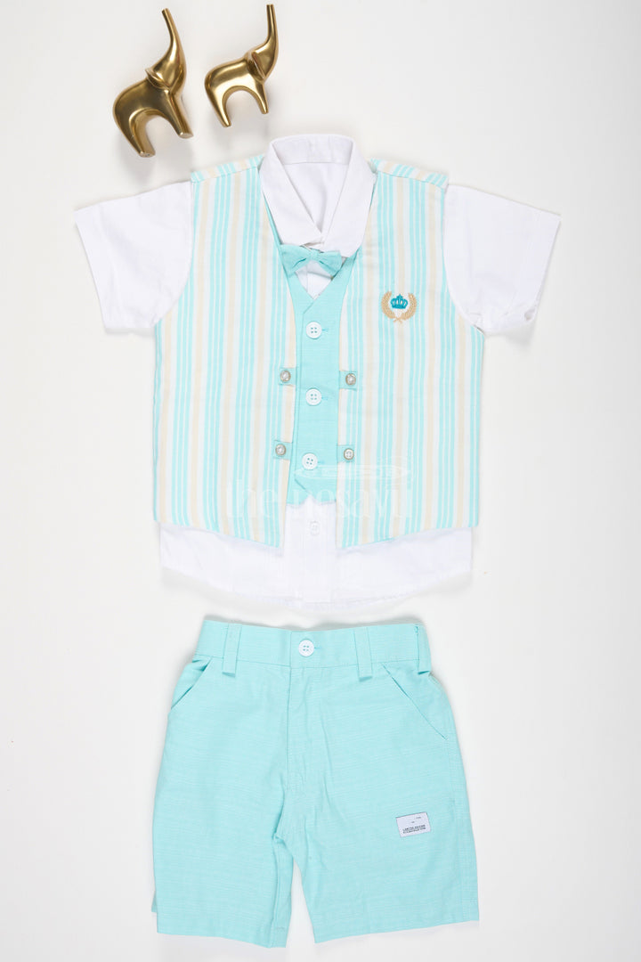 The Nesavu Boys Casual Set Boys Linen Party Wear Set in Sky Blue with Waistcoat and Bow Tie for Formal Occasions Nesavu 14 (6M) / Blue BCS126A-14 Boys Linen Party Wear Set with Waistcoat and Bow Tie in Sky Blue Nesavu