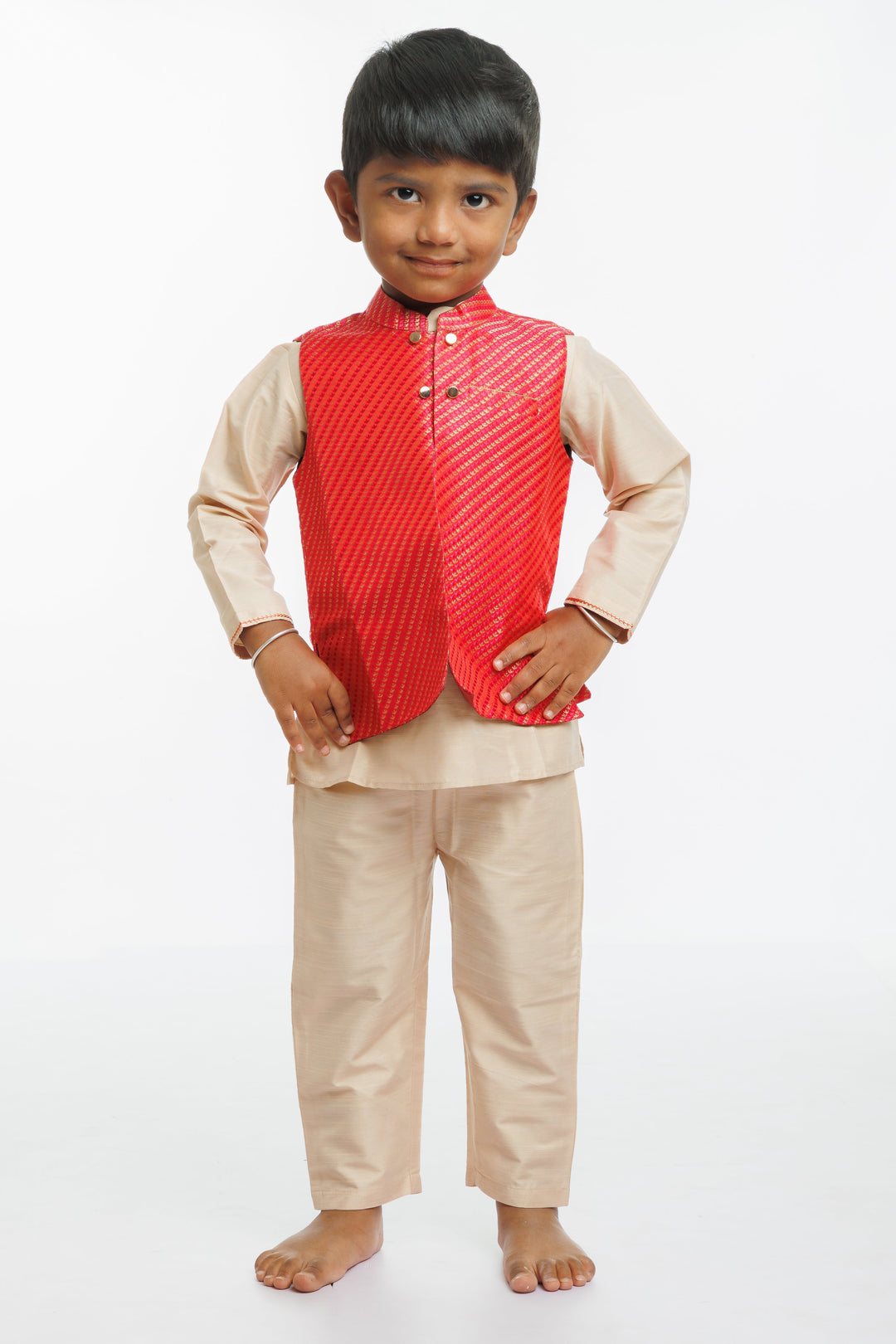 The Nesavu Boys Jacket Sets Boys Luxe Kurta Pajama with Vibrant Jacket Ensemble Nesavu 14 (6M) / Beige / Blend Silk BES519A-14 Traditional Boys Kurta with Stylish Pink Jacket | Elegant Ethnic Ensemble | The Nesavu