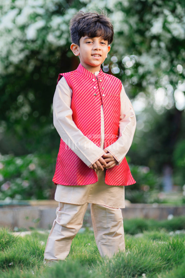 The Nesavu Boys Jacket Sets Boys Luxe Kurta Pajama with Vibrant Jacket Ensemble Nesavu Traditional Boys Kurta with Stylish Pink Jacket | Elegant Ethnic Ensemble | The Nesavu