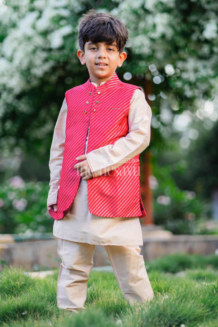 The Nesavu Boys Jacket Sets Boys Luxe Kurta Pajama with Vibrant Jacket Ensemble Nesavu Traditional Boys Kurta with Stylish Pink Jacket | Elegant Ethnic Ensemble | The Nesavu