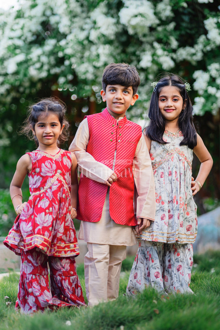 The Nesavu Boys Jacket Sets Boys Luxe Kurta Pajama with Vibrant Jacket Ensemble Nesavu Traditional Boys Kurta with Stylish Pink Jacket | Elegant Ethnic Ensemble | The Nesavu