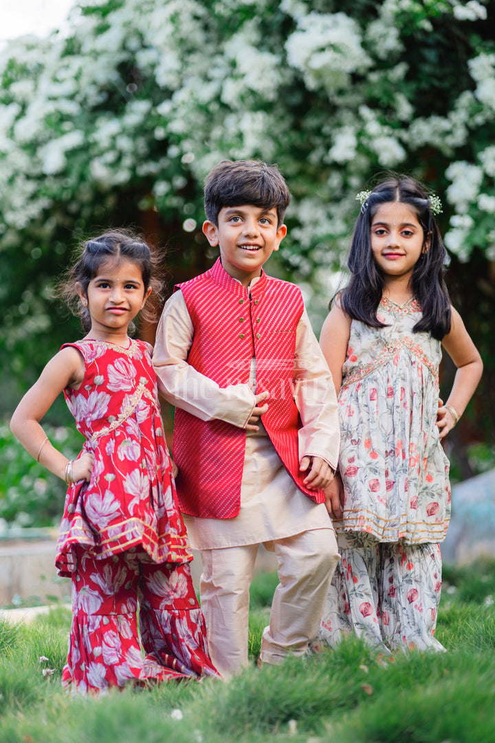 The Nesavu Boys Jacket Sets Boys Luxe Kurta Pajama with Vibrant Jacket Ensemble Nesavu Traditional Boys Kurta with Stylish Pink Jacket | Elegant Ethnic Ensemble | The Nesavu