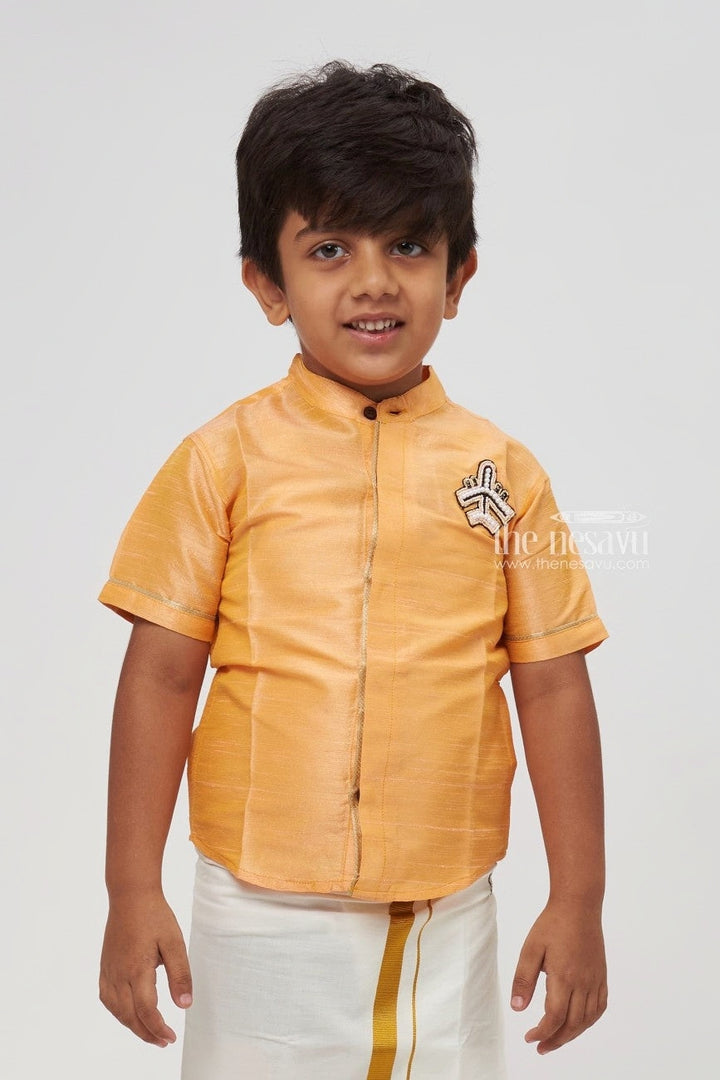 The Nesavu Boys Silk Shirt Boys Luxury Orange Silk Shirt - Traditional Festive Wear with Modern Plane Embellishment Nesavu Boys Orange Silk Shirt | Traditional Festive Wear with Modern Touch | Nesavu Collection