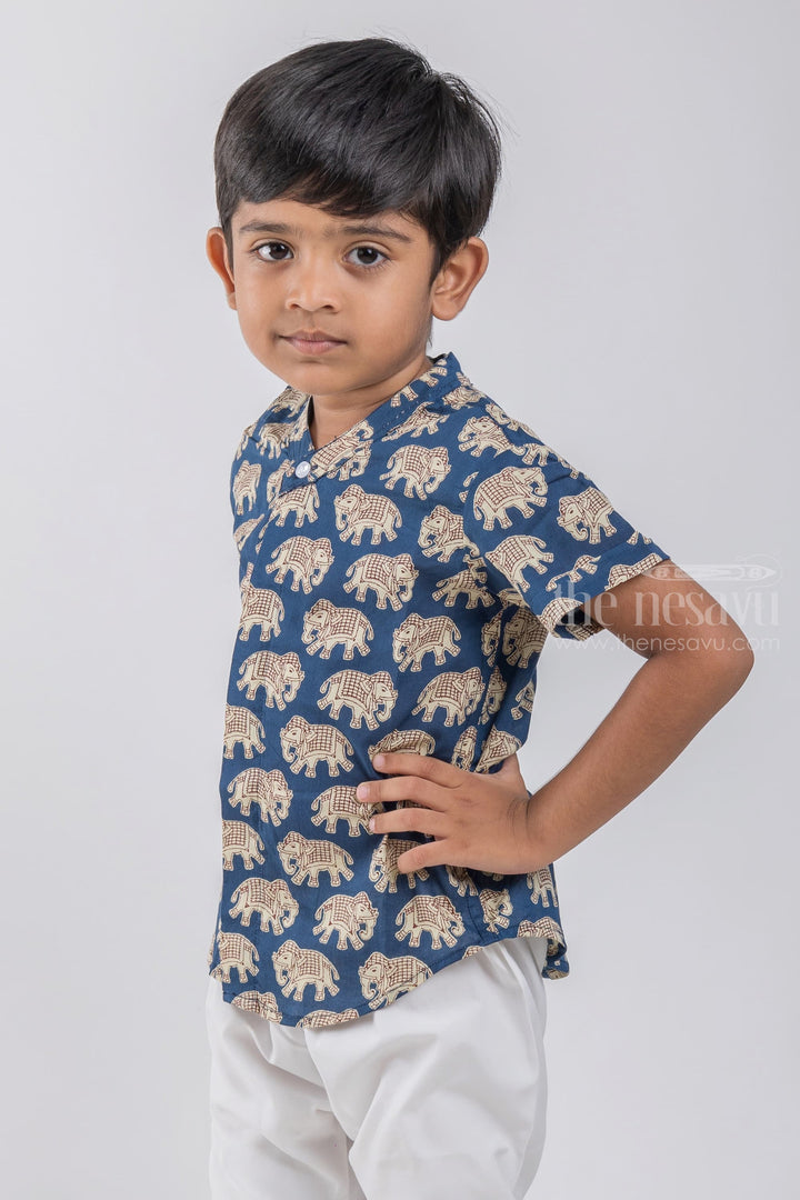 The Nesavu Boys Cotton Shirt Boys Madhubani Elephant Printed Blue Cotton Shirt by The Nesavu psr silks Nesavu 14 (6M) / Blue / Cotton BS044C