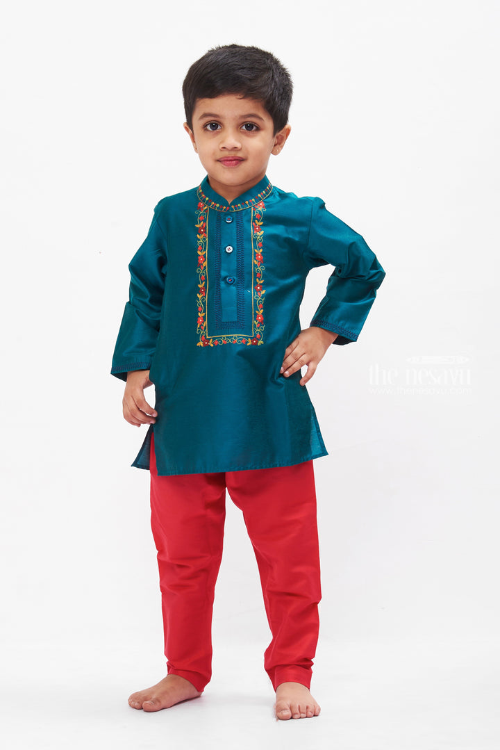 The Nesavu Boys Kurtha Set Boys Majestic Teal Kurta with Vibrant Pink Pants Set Nesavu 14 (6M) / Blue / Blend Silk BES429D-14 Boys Teal and Pink Festive Kurta Set | Colorful Traditional Outfits for Kids | The Nesavu