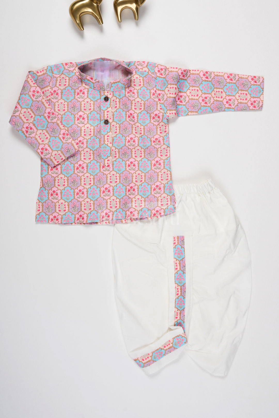 The Nesavu Boys Dothi Set Boys Maroon and Pink Printed Dhoti Kurta Set with Matching Borders Nesavu 10 (NB) / Blue BES578A-10 Nesavu Boys Maroon Pink Dhoti Kurta Set Geometric Print Weddings Festivals