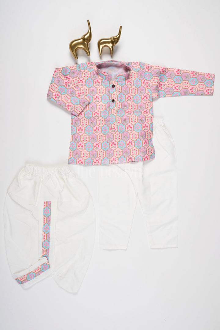 The Nesavu Boys Dothi Set Boys Maroon and Pink Printed Dhoti Kurta Set with Matching Borders Nesavu Nesavu Boys Maroon Pink Dhoti Kurta Set Geometric Print Weddings Festivals