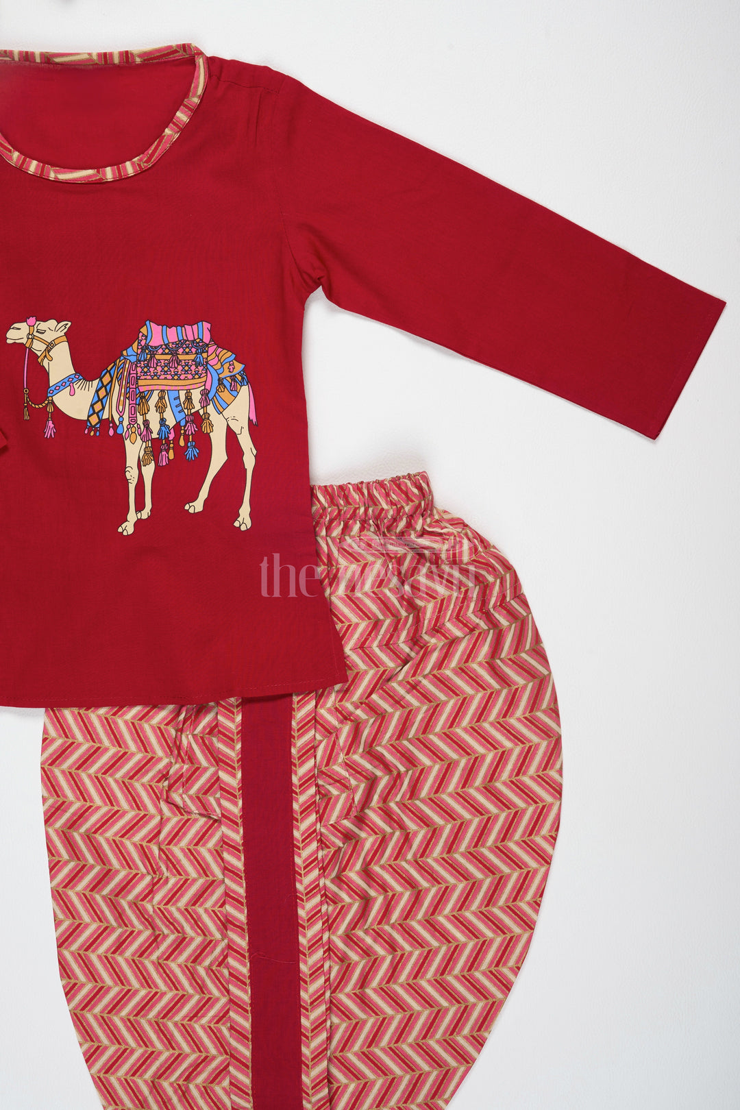 The Nesavu Boys Dothi Set Boys Maroon Cotton Dhoti Set with Side-Button Kurta for Festive Occasions and Casual Gatherings Nesavu Nesavu Boys Maroon Cotton Dhoti Set Side-Button Kurta Camel Print Festive Gatherings