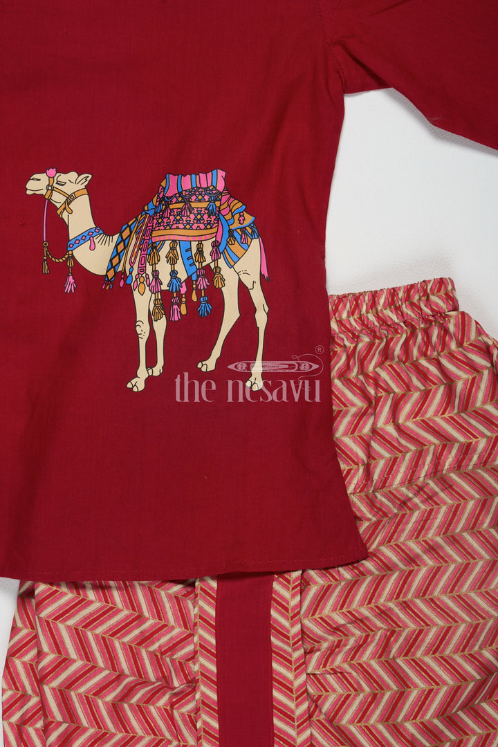 The Nesavu Boys Dothi Set Boys Maroon Cotton Dhoti Set with Side-Button Kurta for Festive Occasions and Casual Gatherings Nesavu Nesavu Boys Maroon Cotton Dhoti Set Side-Button Kurta Camel Print Festive Gatherings