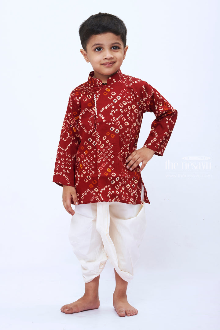 The Nesavu Boys Dothi Set Boys Maroon Geometric Print Kurta with White Dhoti Set Nesavu 12 (3M) / Maroon / Cotton BES487A-12 Boys Maroon Print Kurta Classic White Dhoti Set | Festive Wear for Kids | The Nesavu