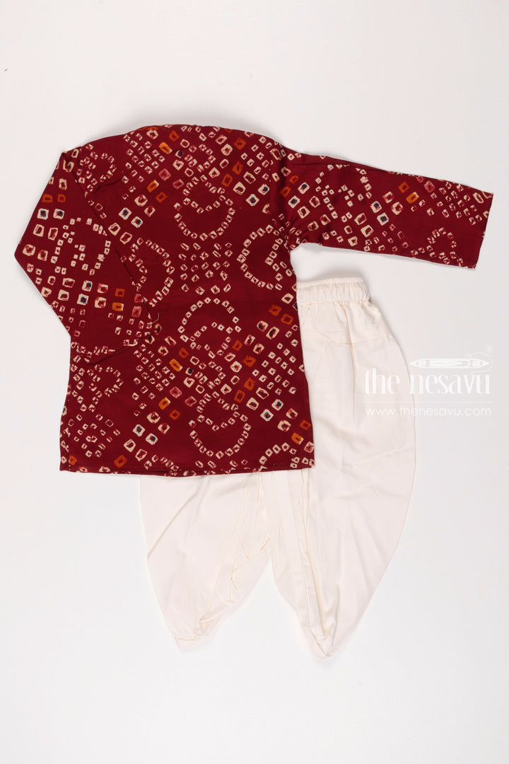 The Nesavu Boys Dothi Set Boys Maroon Geometric Print Kurta with White Dhoti Set Nesavu Boys Maroon Print Kurta Classic White Dhoti Set | Festive Wear for Kids | The Nesavu