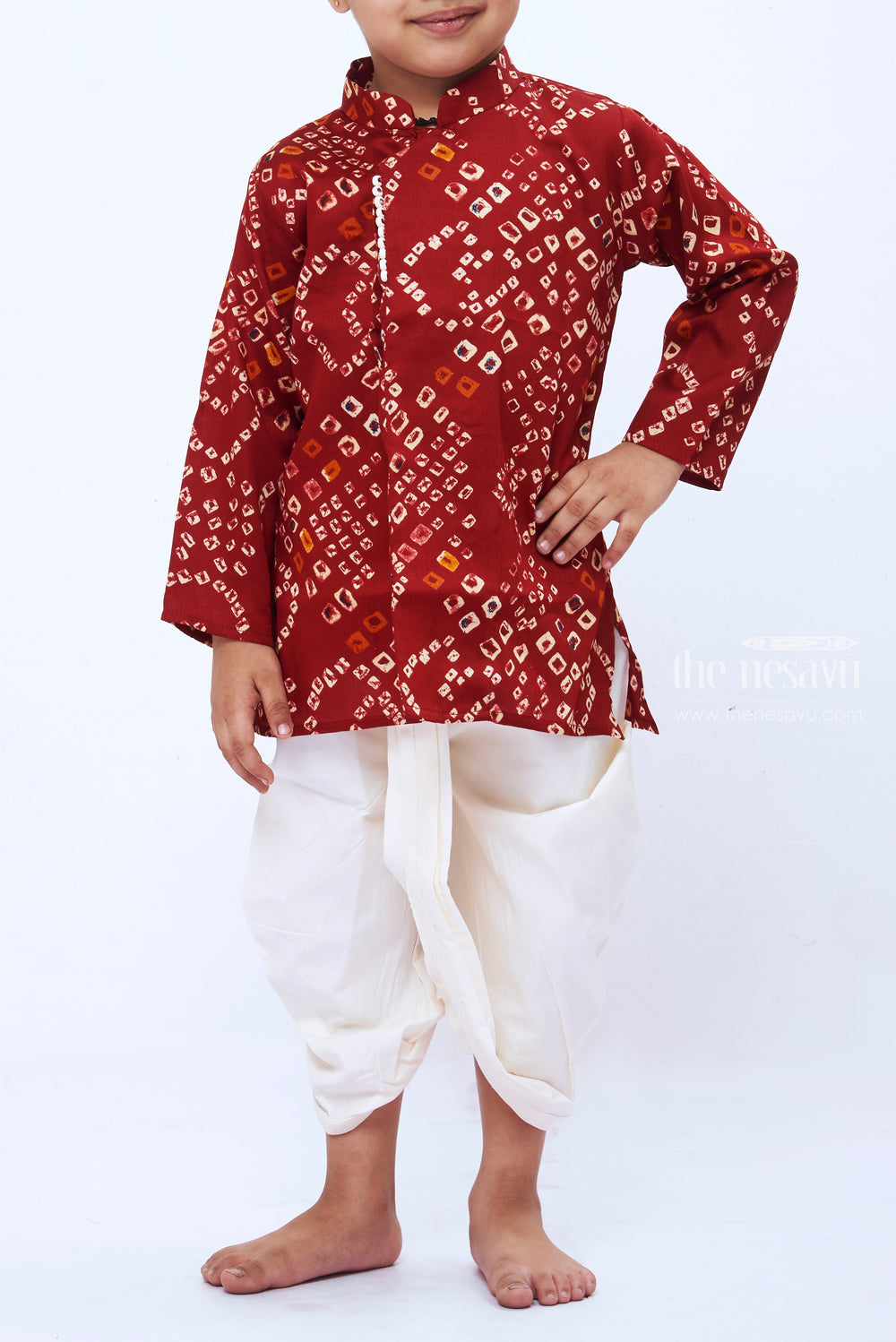 The Nesavu Boys Dothi Set Boys Maroon Geometric Print Kurta with White Dhoti Set Nesavu Boys Maroon Print Kurta Classic White Dhoti Set | Festive Wear for Kids | The Nesavu