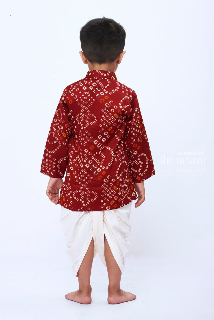 The Nesavu Boys Dothi Set Boys Maroon Geometric Print Kurta with White Dhoti Set Nesavu Boys Maroon Print Kurta Classic White Dhoti Set | Festive Wear for Kids | The Nesavu