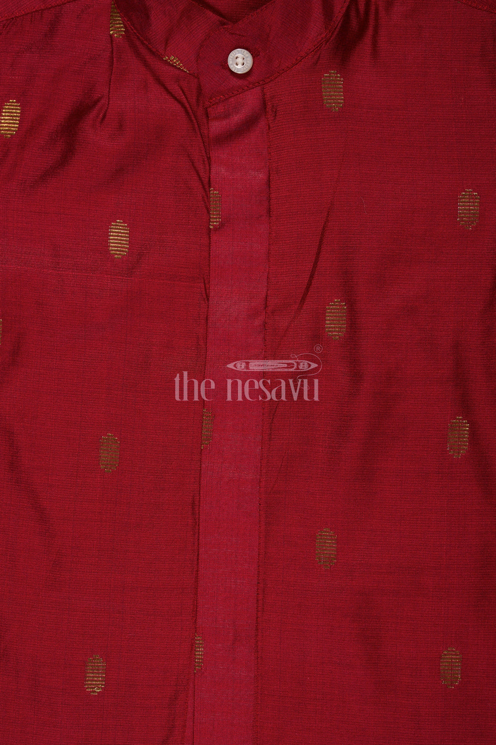 The Nesavu Boys Cotton Shirt Boys Modal Silk Christmas Day Clothes with Short Sleeves and Golden Polka Design Nesavu Nesavu Boys Modal Silk Christmas Day Clothes Festive Red Elegant Golden Accents