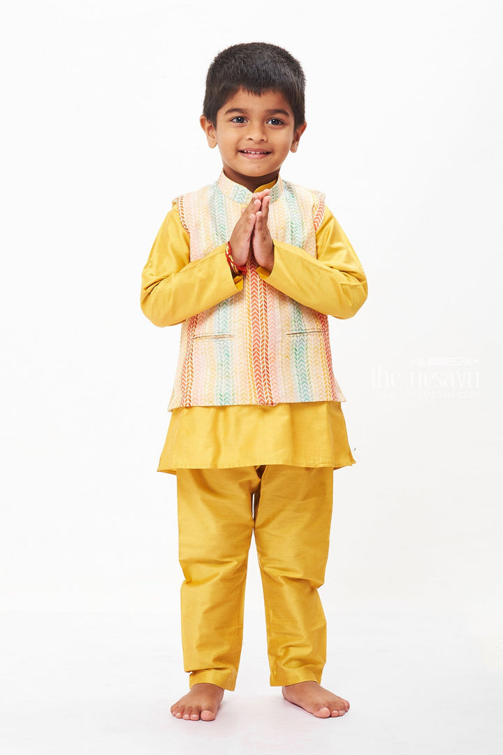 The Nesavu Boys Jacket Sets Boys Mustard Yellow Kurta Set with Rainbow Chevron - Festive Wear Nesavu 14 (6M) / Yellow / Blend Silk BES515A-14 Colorful Boys Kurta Set in Mustard with Chevron Print | Elegant Festive Attire | The Nesavu