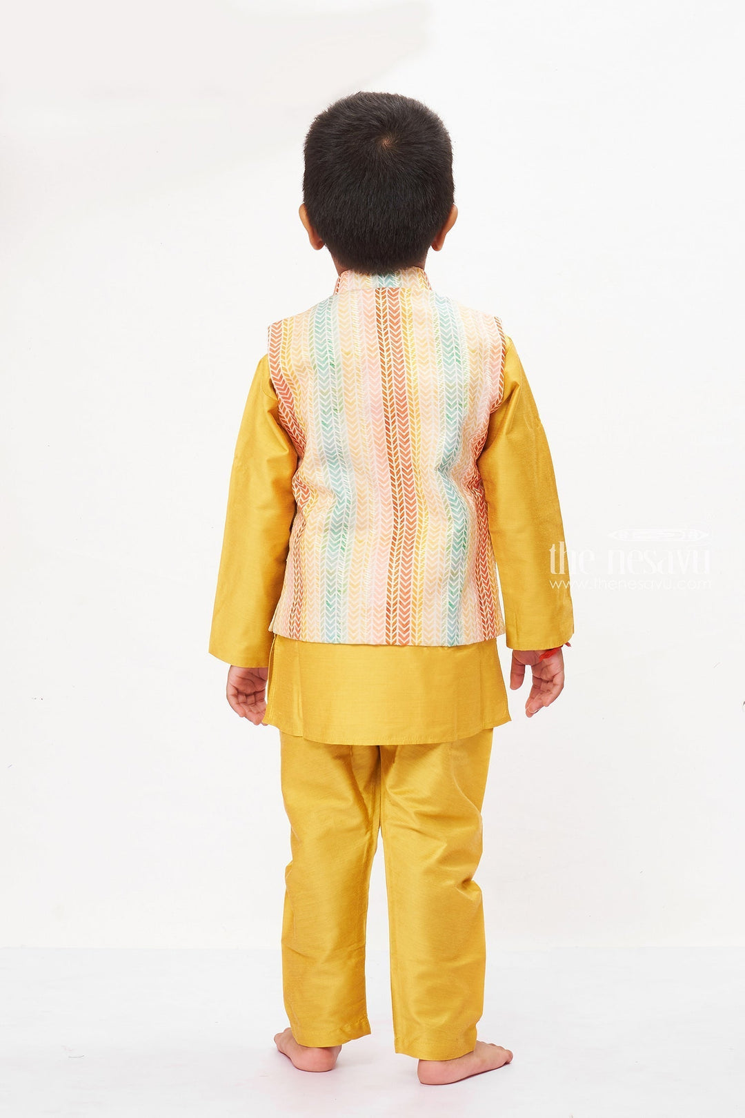 The Nesavu Boys Jacket Sets Boys Mustard Yellow Kurta Set with Rainbow Chevron - Festive Wear Nesavu Colorful Boys Kurta Set in Mustard with Chevron Print | Elegant Festive Attire | The Nesavu