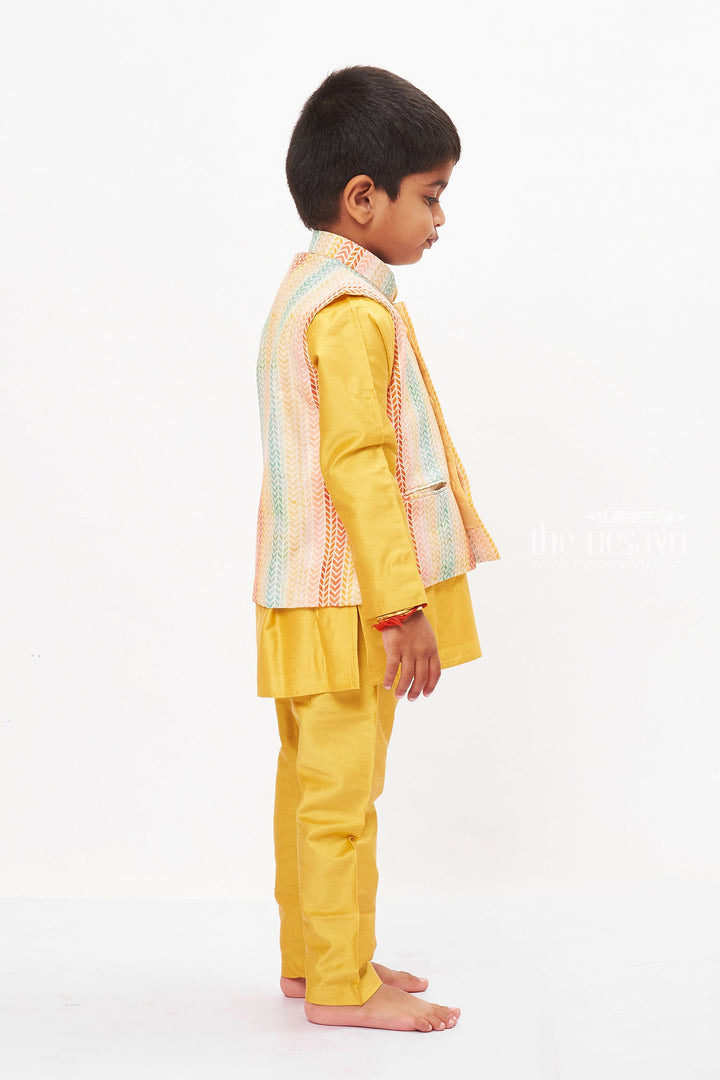 The Nesavu Boys Jacket Sets Boys Mustard Yellow Kurta Set with Rainbow Chevron - Festive Wear Nesavu Colorful Boys Kurta Set in Mustard with Chevron Print | Elegant Festive Attire | The Nesavu