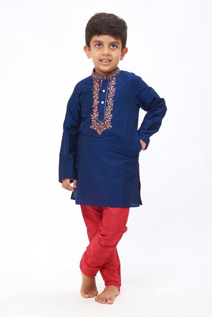 The Nesavu Boys Kurtha Set Boys Navy Blue and Red Embroidered Kurta with Pants Set - Festive Ethnic Attire for Kids Nesavu 14 (6M) / Blue / Blend Silk BES463B-14 Celebratory Kurta and Pants for boys | Stylish Boys Festive wear | The Nesavu