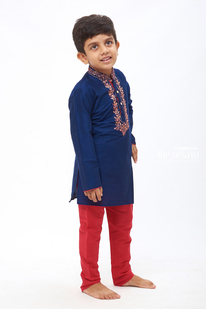 The Nesavu Boys Kurtha Set Boys Navy Blue and Red Embroidered Kurta with Pants Set - Festive Ethnic Attire for Kids Nesavu Celebratory Kurta and Pants for boys | Stylish Boys Festive wear | The Nesavu