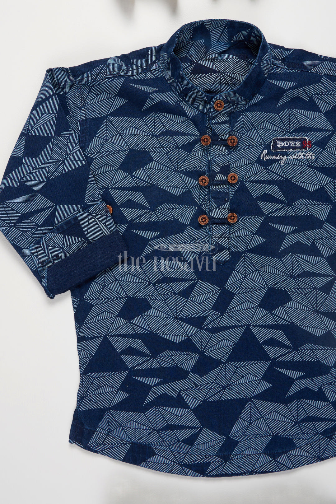 The Nesavu Boys Casual Set Boys Navy Blue Geometric Print Shirt and Light Grey Pants with Belt for Formal Gatherings Nesavu Nesavu Boys Formal Outfit Navy Geometric Print Shirt Light Grey Pants Special Occasions