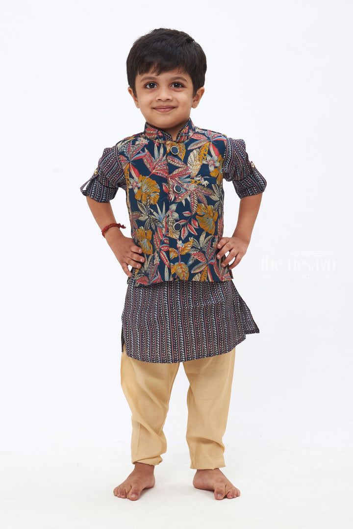 The Nesavu Boys Jacket Sets Boys Navy Blue Tropical Leaf Printed Kurtha with Striped Jacket & Beige Trousers Nesavu 10 (NB) / Blue / Blend Silk BES456B-10 Regal Kurta Set with Stylish Jacket | Perfect Festive Trio | The Nesavu