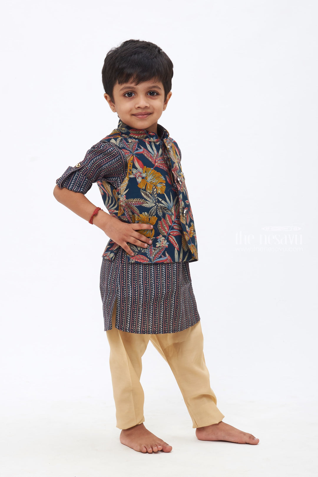 The Nesavu Boys Jacket Sets Boys Navy Blue Tropical Leaf Printed Kurtha with Striped Jacket & Beige Trousers Nesavu Regal Kurta Set with Stylish Jacket | Perfect Festive Trio | The Nesavu