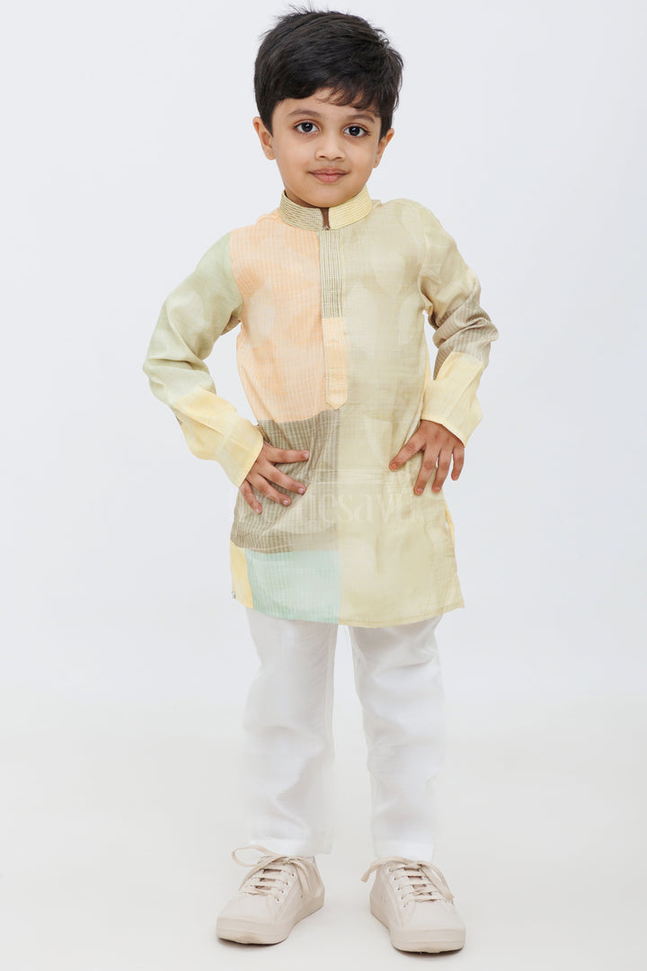 The Nesavu Boys Kurtha Set Boys Olive and Mustard Kurta Pajama Set with Geometric Leaf Print Nesavu Nesavu Boys Olive Mustard Kurta Pajama Set Geometric Leaf Print Festivals Weddings