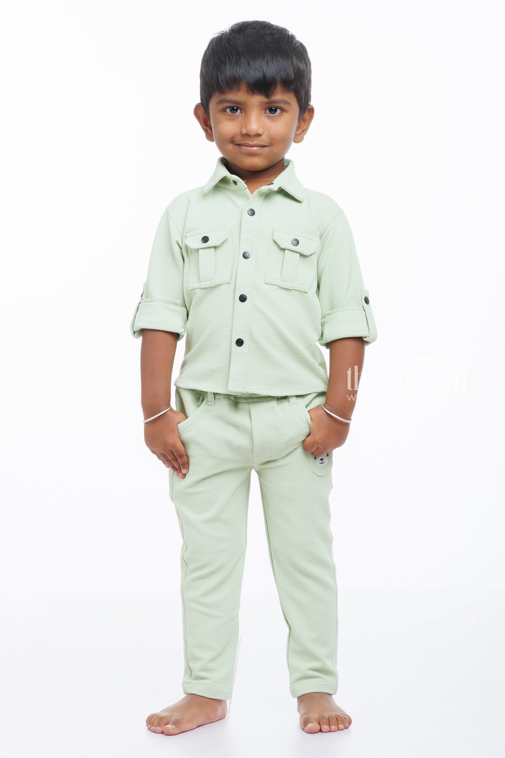 The Nesavu Boys Casual Set Boys Olive Green Shirt and Pant Casual Set - Fresh Style Nesavu 14 (6M) / Green / Knitted Lycra BES528B-14 Olive Green Boys Casual Set | Chic and Comfortable for Everyday Wear | The Nesavu