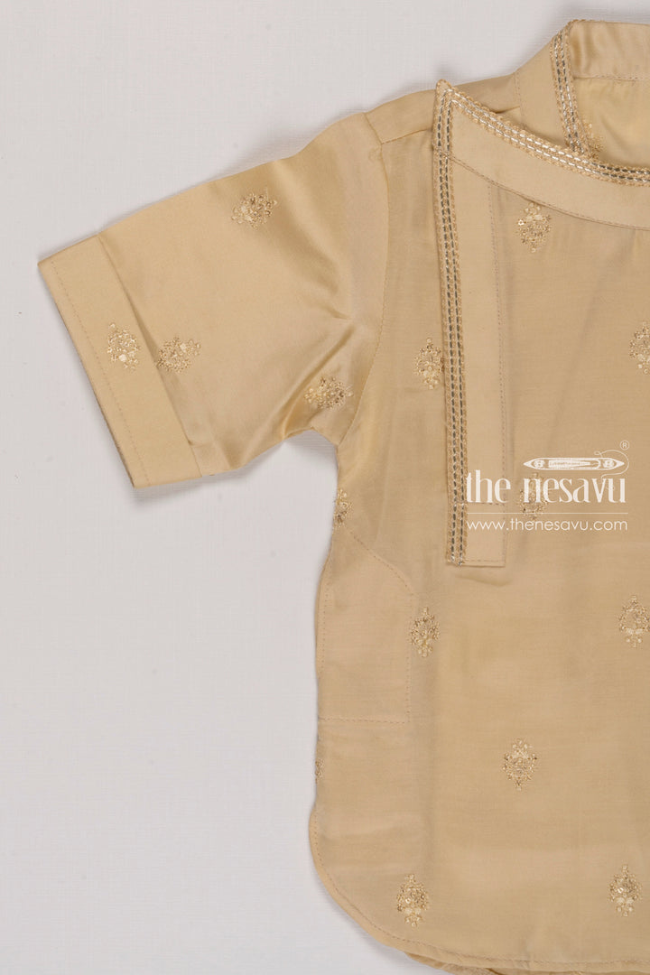 The Nesavu Boys Kurtha Shirt Boys Opulent GoldToned Silk Kurta Shirt with Embroidery Nesavu Boys Silk Embroidered Kurta Shirt | Festive Gold Toned Attire for Kids | The Nesavu