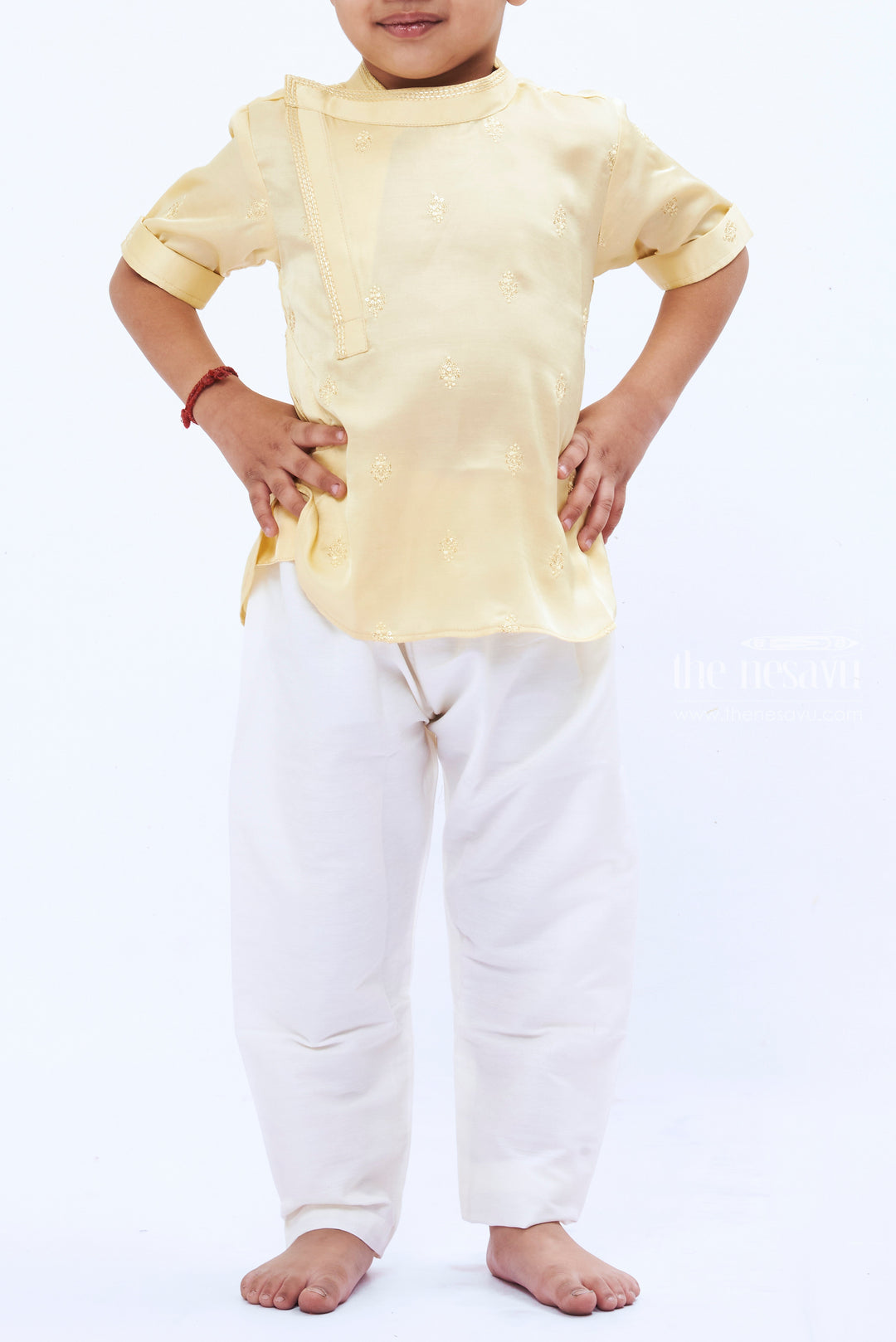 The Nesavu Boys Kurtha Shirt Boys Opulent GoldToned Silk Kurta Shirt with Embroidery Nesavu Boys Silk Embroidered Kurta Shirt | Festive Gold Toned Attire for Kids | The Nesavu