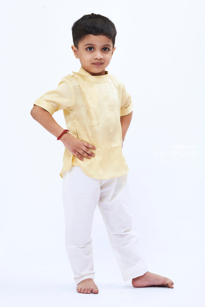 The Nesavu Boys Kurtha Shirt Boys Opulent GoldToned Silk Kurta Shirt with Embroidery Nesavu Boys Silk Embroidered Kurta Shirt | Festive Gold Toned Attire for Kids | The Nesavu