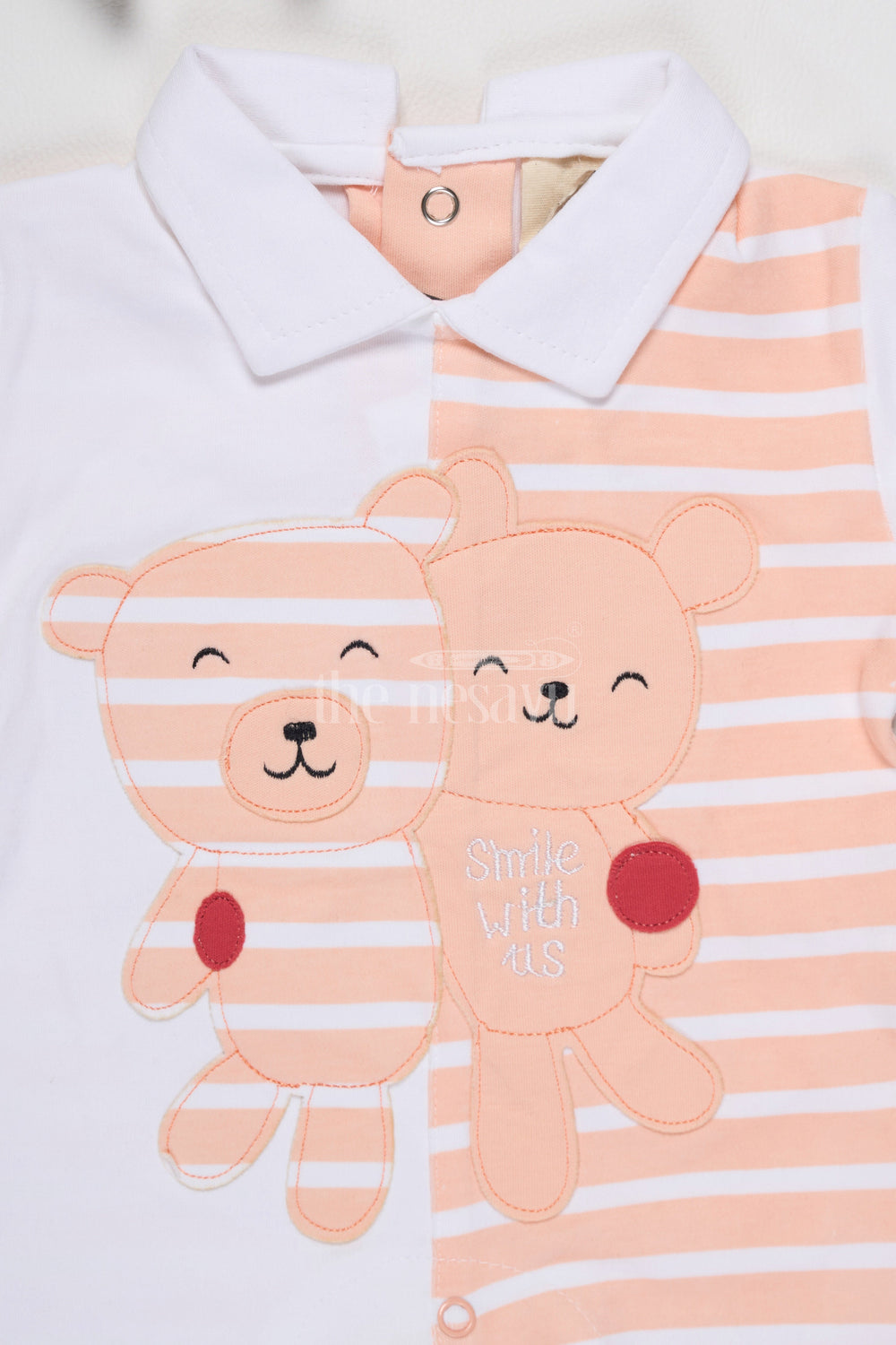 The Nesavu Boys Casual Set Boys Orange and White Romper with Teddy Bear Appliques for Everyday Comfort Nesavu Nesavu Boys Orange White Romper Teddy Bear Appliques Comfortable Everyday Wear