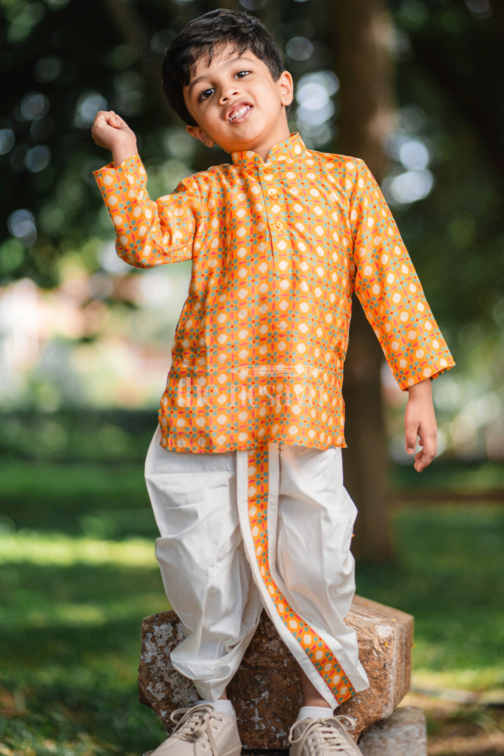 The Nesavu Boys Dothi Set Boys Orange Cotton Dhoti Set with Traditional Geometric Kurta for Festive Celebrations Nesavu 12 (3M) / Orange BES581A-12 Nesavu Boys Orange Dhoti Set Geometric Kurta Festivals Special Occasions