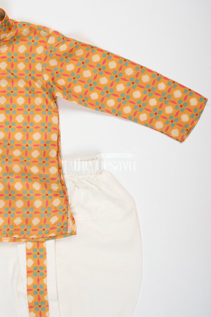 The Nesavu Boys Dothi Set Boys Orange Cotton Dhoti Set with Traditional Geometric Kurta for Festive Celebrations Nesavu Nesavu Boys Orange Dhoti Set Geometric Kurta Festivals Special Occasions