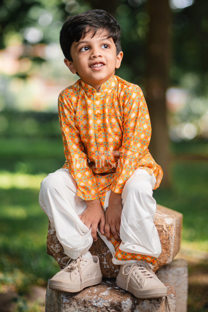 The Nesavu Boys Dothi Set Boys Orange Cotton Dhoti Set with Traditional Geometric Kurta for Festive Celebrations Nesavu Nesavu Boys Orange Dhoti Set Geometric Kurta Festivals Special Occasions