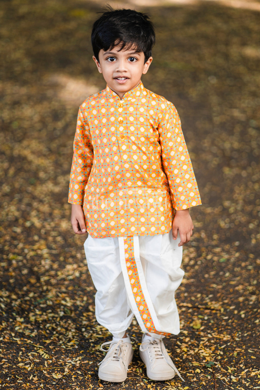 The Nesavu Boys Dothi Set Boys Orange Cotton Dhoti Set with Traditional Geometric Kurta for Festive Celebrations Nesavu Nesavu Boys Orange Dhoti Set Geometric Kurta Festivals Special Occasions