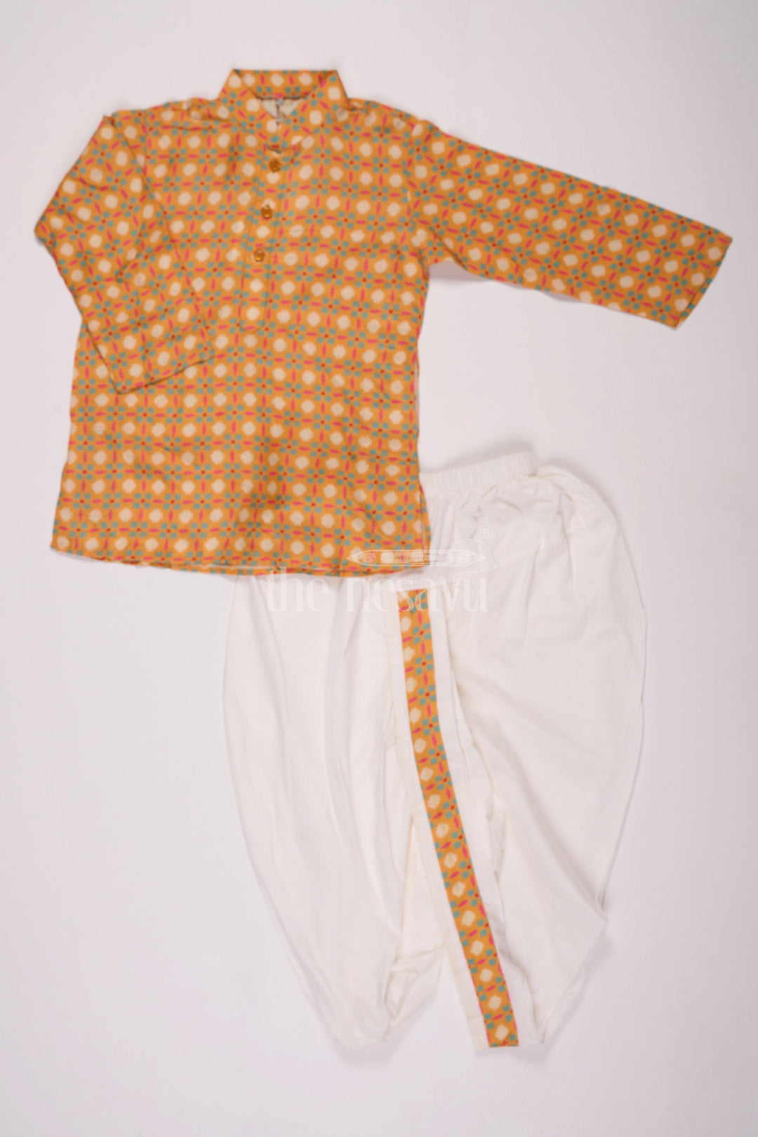 The Nesavu Boys Dothi Set Boys Orange Cotton Dhoti Set with Traditional Geometric Kurta for Festive Celebrations Nesavu Nesavu Boys Orange Dhoti Set Geometric Kurta Festivals Special Occasions