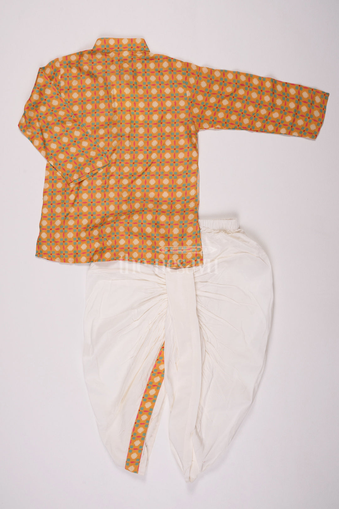 The Nesavu Boys Dothi Set Boys Orange Cotton Dhoti Set with Traditional Geometric Kurta for Festive Celebrations Nesavu Nesavu Boys Orange Dhoti Set Geometric Kurta Festivals Special Occasions