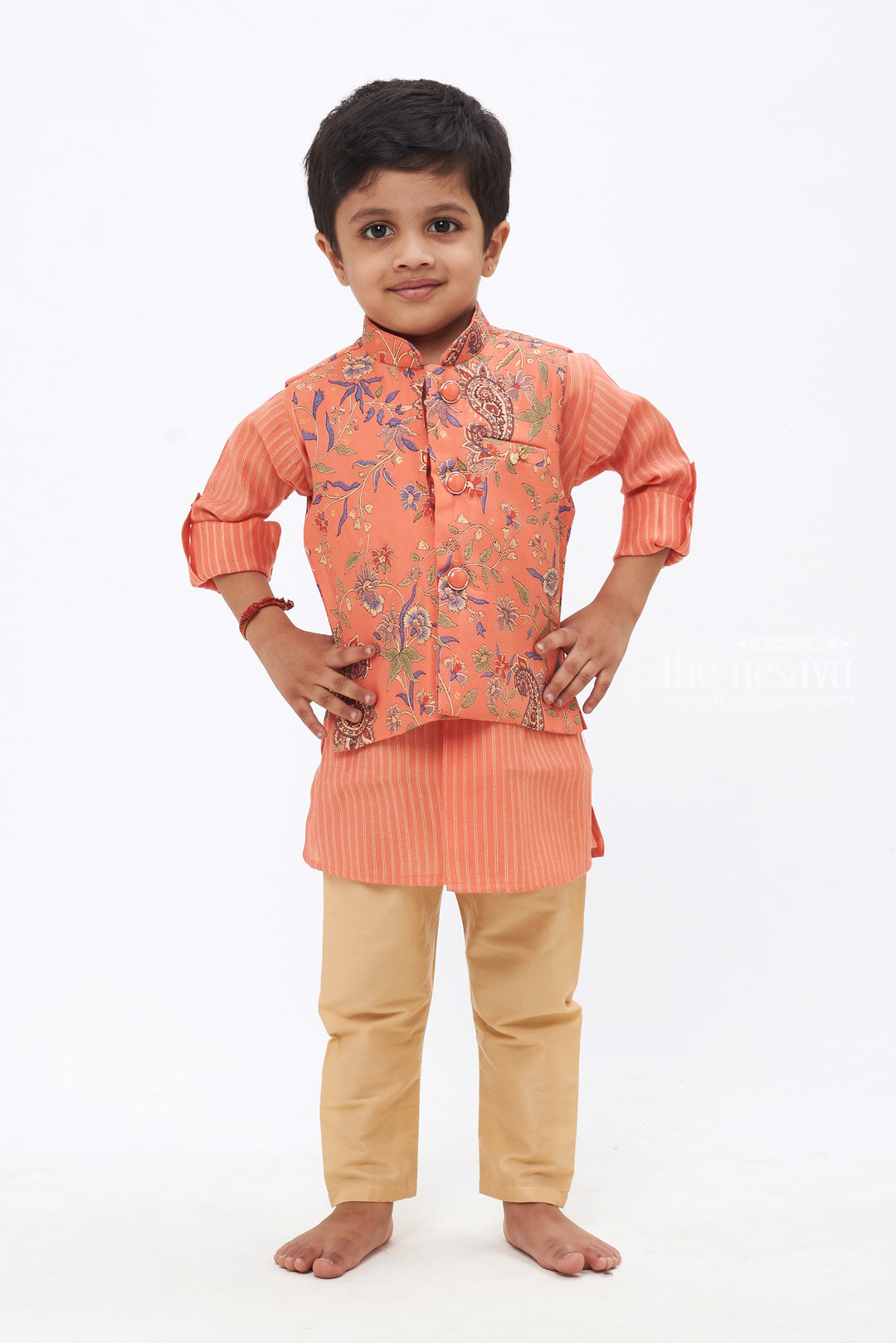 The Nesavu Boys Jacket Sets Boys Orange Paisley Embroidered Kurtha with Striped Jacket & Beige Trousers Nesavu 10 (NB) / Orange / Blend Silk BES457A-10 Royal Kurta and Jacket Combo | Paired with Perfect Pants | The Nesavu