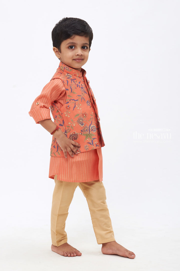 The Nesavu Boys Jacket Sets Boys Orange Paisley Embroidered Kurtha with Striped Jacket & Beige Trousers Nesavu Royal Kurta and Jacket Combo | Paired with Perfect Pants | The Nesavu