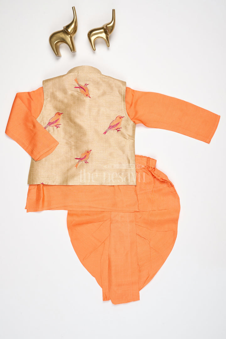 The Nesavu Boys Dothi Set Boys Orange Silk Blend Dhoti Set with Embroidered Bird Motif Jacket for Traditional Gatherings Nesavu Nesavu Boys Orange Dhoti Set Embroidered Nehru Jacket Festive Cultural Events