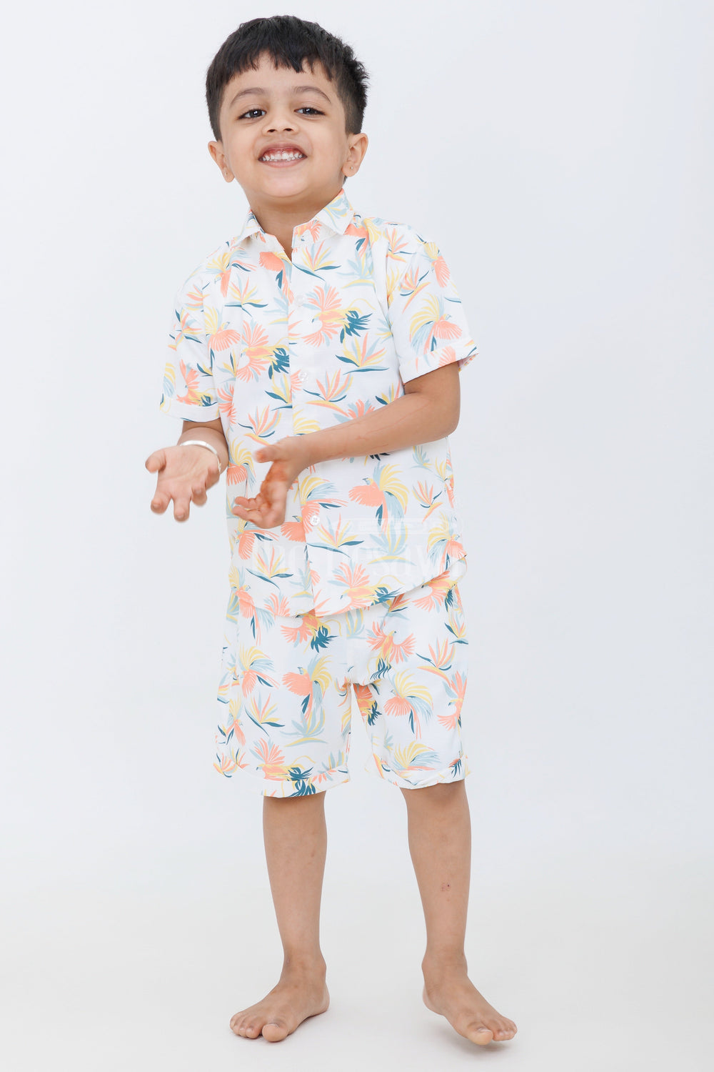 The Nesavu Boys Casual Set Boys Pastel Tropical Print Casual Set with Button-Up Shirt and Shorts for Summer Outings Nesavu Nesavu Boys Pastel Tropical Print Casual Set Graphic T-Shirt Button-Up Shirt Shorts Vacations