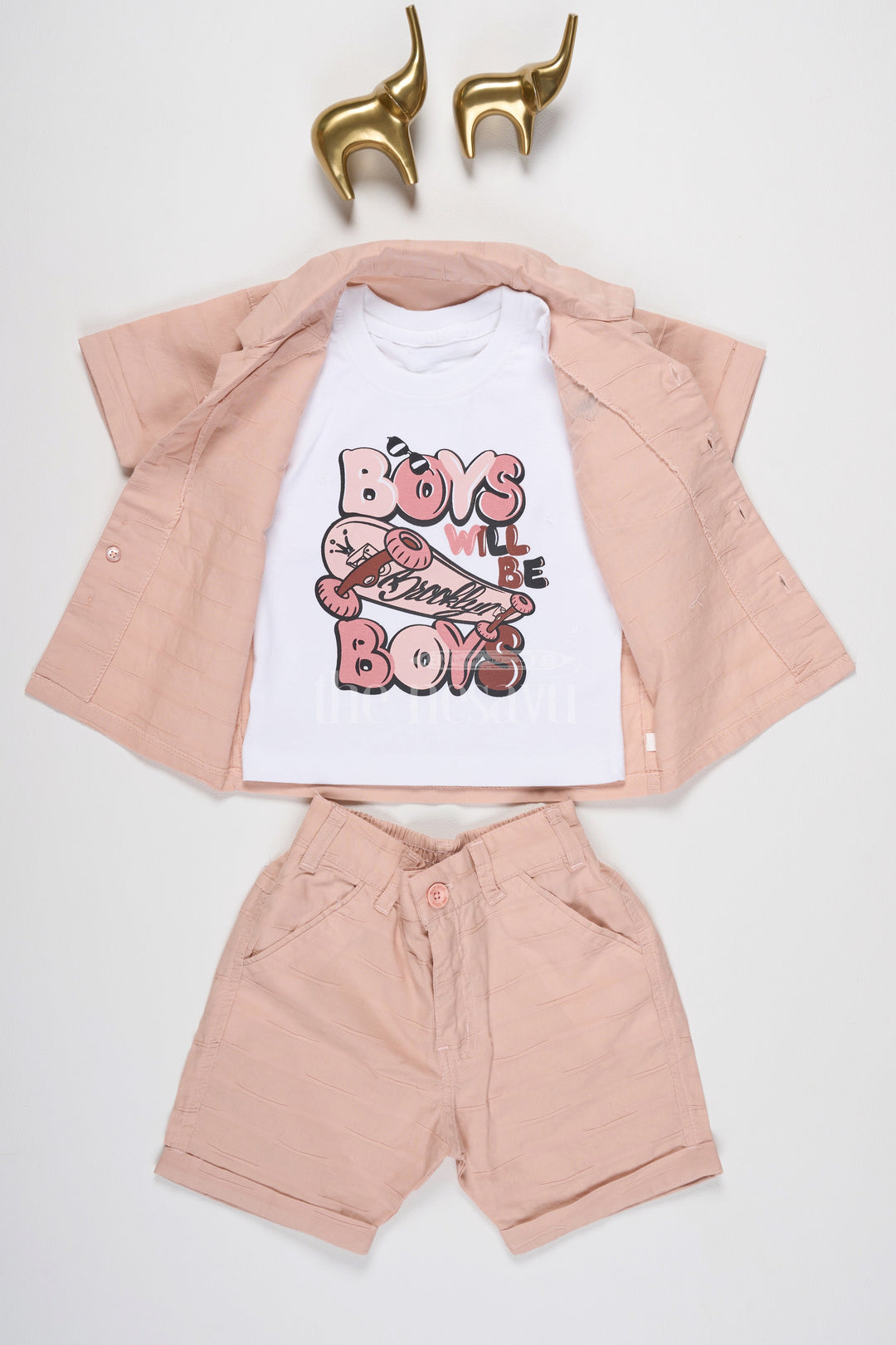 The Nesavu Boys Casual Set Boys Peach Casual Set with Button-Down Shirt, Graphic T-Shirt, and Matching Shorts Nesavu 14 (6M) / Peach BCS163B-14 Nesavu Boys Peach Casual Set Graphic T-Shirt Button-Down Shirt Matching Shorts Summer Outings