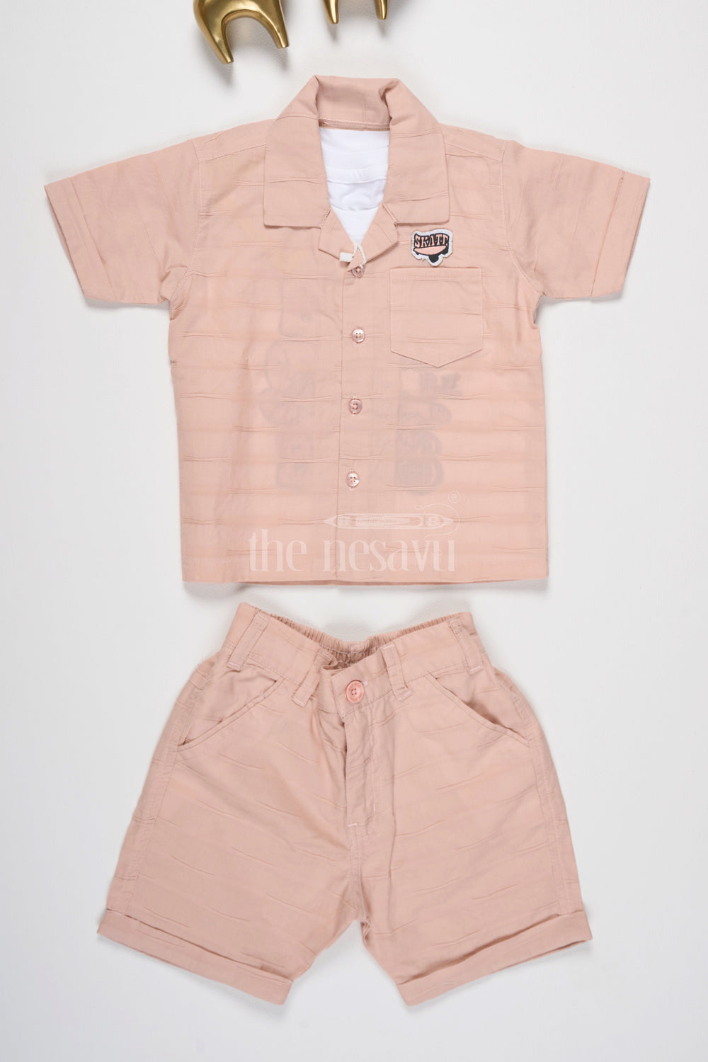 The Nesavu Boys Casual Set Boys Peach Casual Set with Button-Down Shirt, Graphic T-Shirt, and Matching Shorts Nesavu Nesavu Boys Peach Casual Set Graphic T-Shirt Button-Down Shirt Matching Shorts Summer Outings