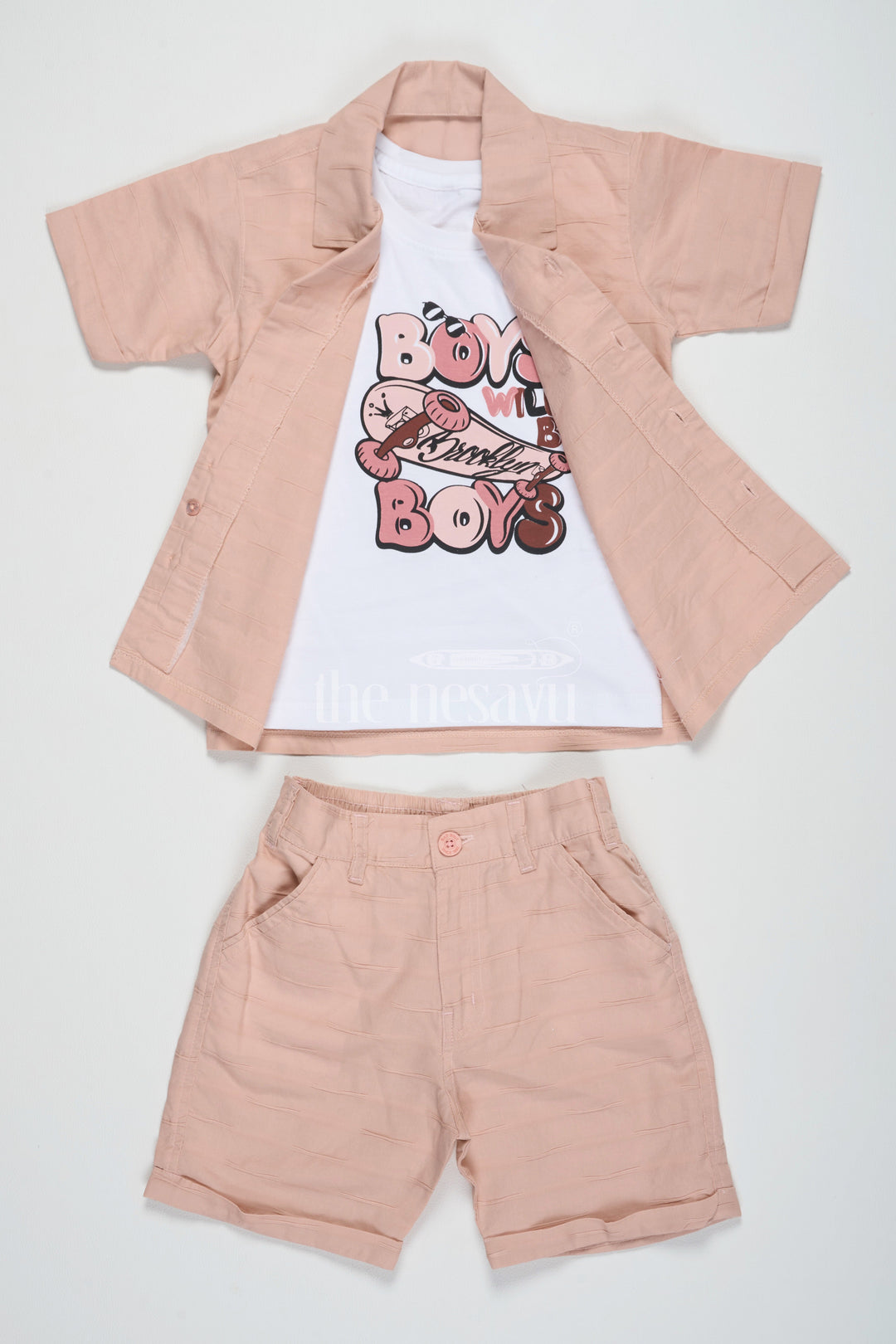 The Nesavu Boys Casual Set Boys Peach Casual Set with Button-Down Shirt, Graphic T-Shirt, and Matching Shorts Nesavu Nesavu Boys Peach Casual Set Graphic T-Shirt Button-Down Shirt Matching Shorts Summer Outings