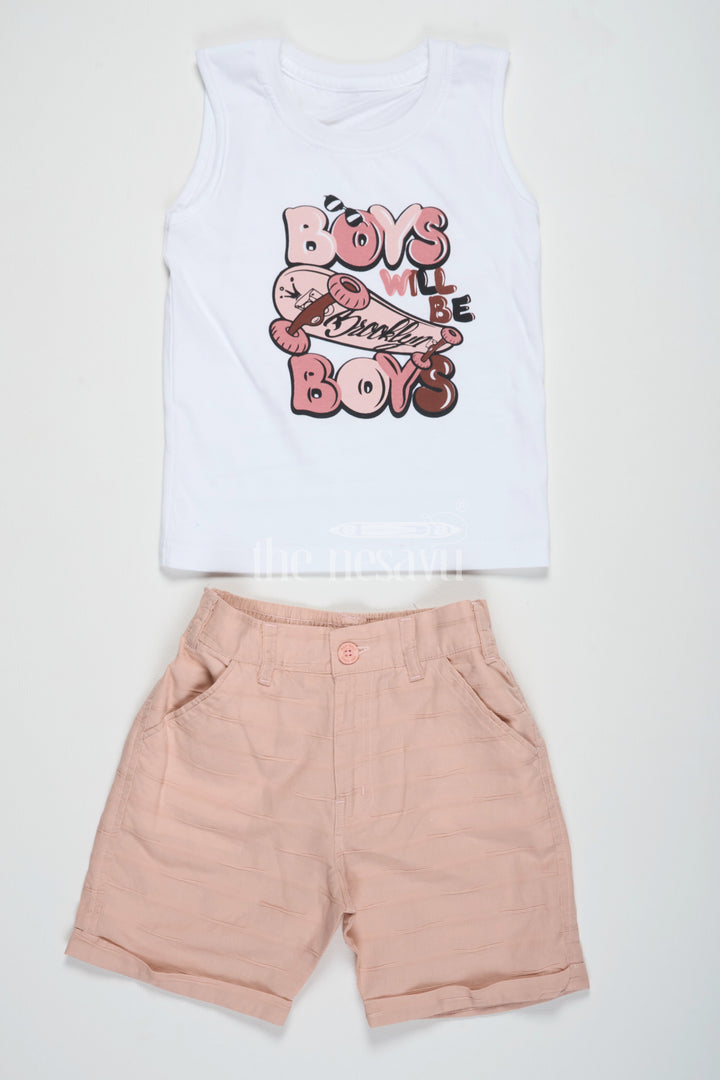 The Nesavu Boys Casual Set Boys Peach Casual Set with Button-Down Shirt, Graphic T-Shirt, and Matching Shorts Nesavu Nesavu Boys Peach Casual Set Graphic T-Shirt Button-Down Shirt Matching Shorts Summer Outings