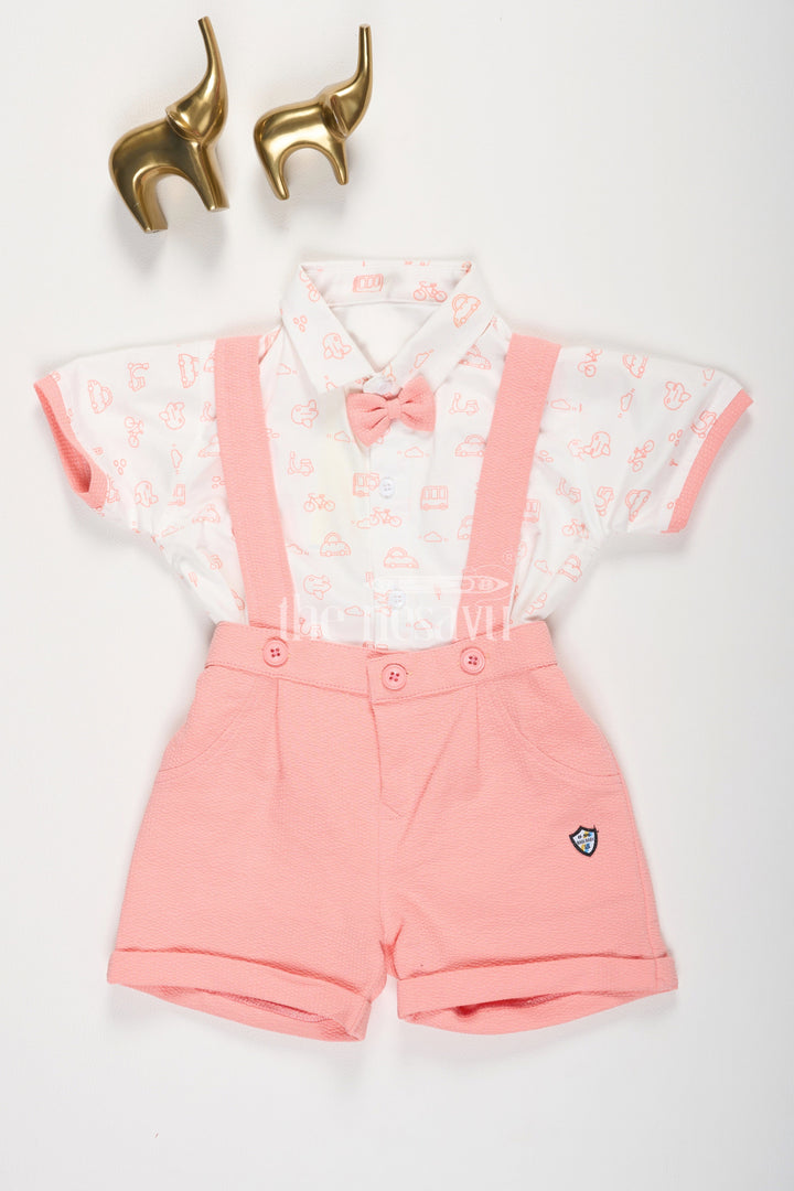 The Nesavu Boys Casual Set Boys Peach Suspender Shorts and White Transportation Print Shirt Set Nesavu 14 (6M) / Peach BCS118B-14 Boys Peach Suspender Shorts and White Transportation Print Shirt Set Nesavu